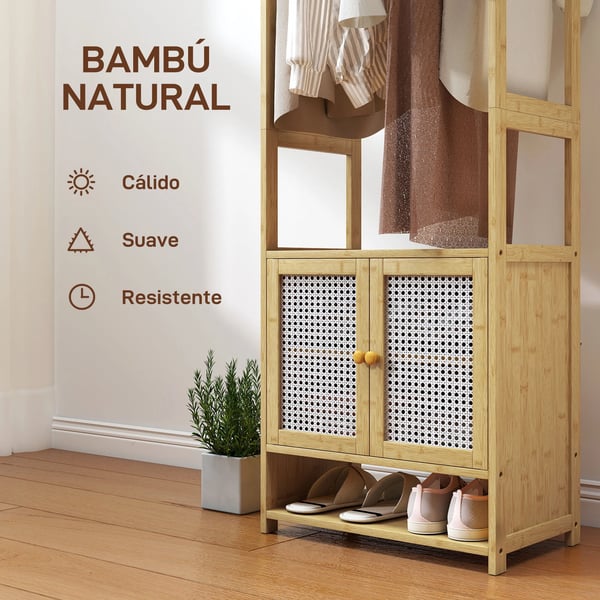 Bambu Klädställ - Hallmöbel - Med Skoskåp - Klädstång - Justerbar Hylla - Mått 53 x 31 x 168 cm - Naturträ