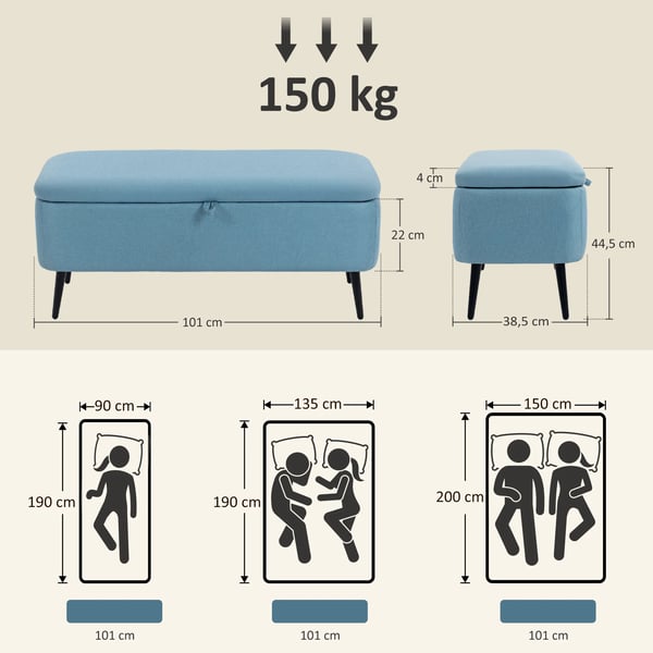 Förvaringsbänk - Sittbänk/Ottoman - Fällbart Lock - Stålben - Mått 101×38,5×44,5 cm - Sovrum/Vardagsrum/Hall - Blå