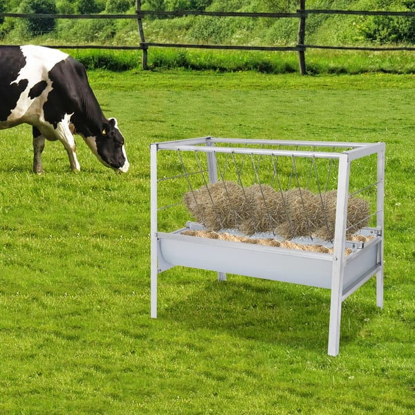 Foderhæk til kvæg - Fritstående model - Dobbeltsidet - 200 l - 100×66×85 cm - Åbning 100×50 cm - Størrelse L - Sølv