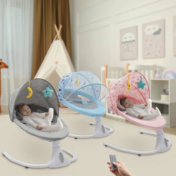 Babygynge/Babybouncer - Elektrisk gynge - Fjernbetjening & Bluetooth - Tidsindstilling - Automatisk vugning - Maks 20 kg - 0–15 mdr - Grå