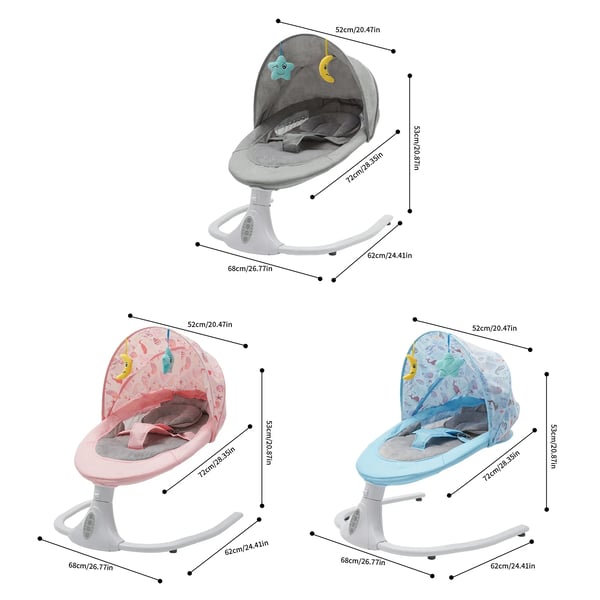 Babygynge/Babybouncer - Elektrisk gynge - Fjernbetjening & Bluetooth - Tidsindstilling - Automatisk vugning - Maks 20 kg - 0–15 mdr - Grå
