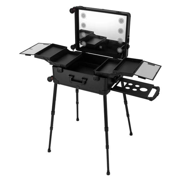 Makeuptaske - Kosmetikkuffert med hjul - 8 LED-lys - Stikkontakt og ladeport - PVC - 53 cm - Sort