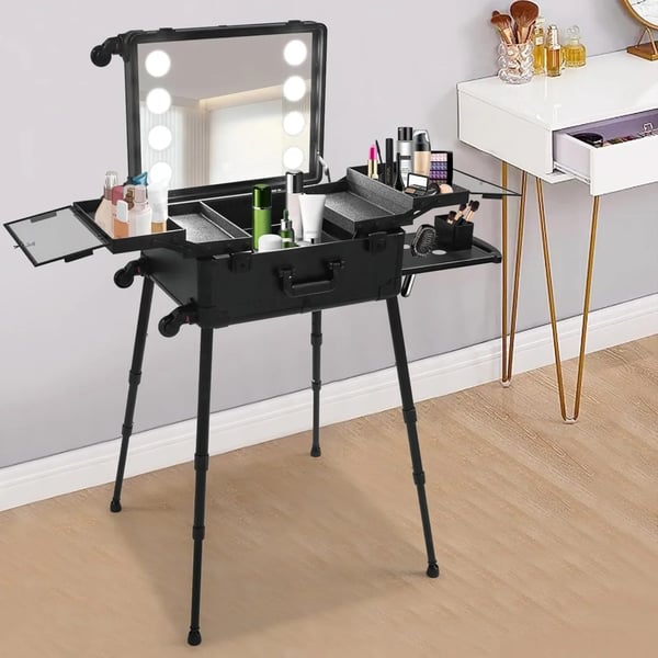 Makeuptaske - Kosmetikkuffert med hjul - 8 LED-lys - Stikkontakt og ladeport - PVC - 53 cm - Sort