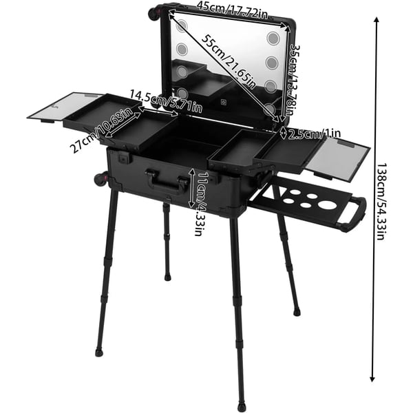 Makeuptaske - Kosmetikkuffert med hjul - 8 LED-lys - Stikkontakt og ladeport - PVC - 53 cm - Sort