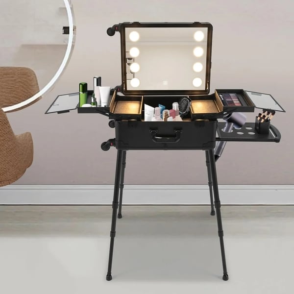 Makeuptaske - Kosmetikkuffert med hjul - 8 LED-lys - Stikkontakt og ladeport - PVC - 53 cm - Sort