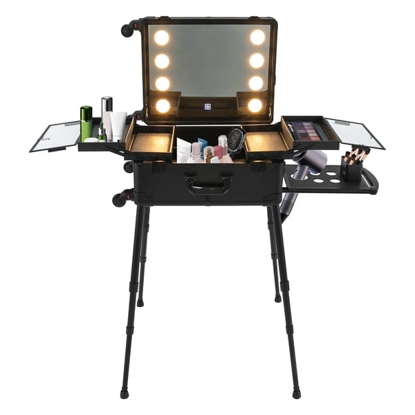 Makeuptaske - Kosmetikkuffert med hjul - 8 LED-lys - Stikkontakt og ladeport - PVC - 53 cm - Sort