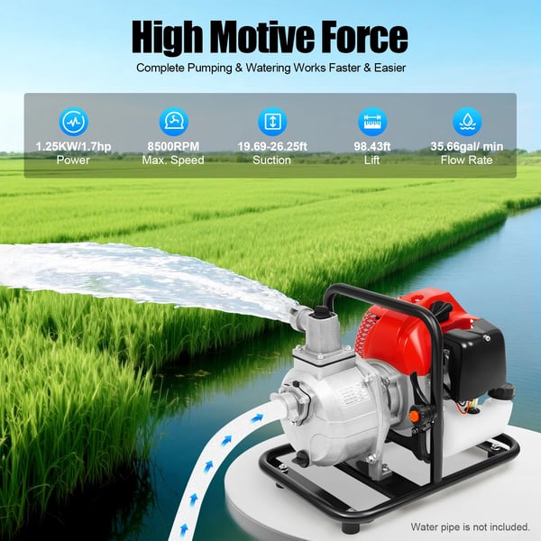 Vandoverføringspumpe - Benzindrevet 2-takts vandpumpe - 43 cc - Max 8.500 omdr./min - Rød