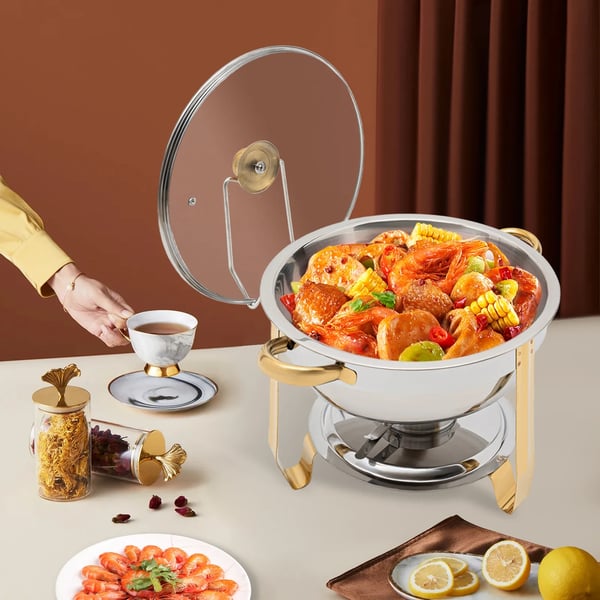 Buffetvarmer - Rund Chafing Dish 5 l - Rustfrit Stål - Madvarmer - Med Låg - Sølv