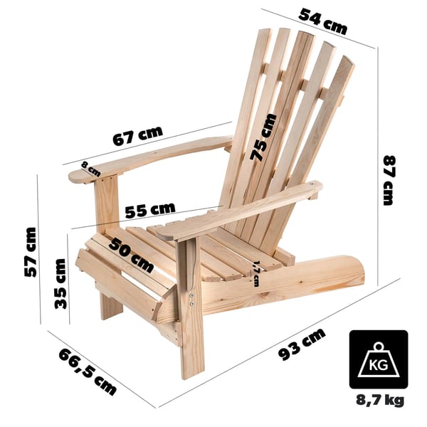 Havestol i træ - Strandstol/terrassestol - Komfortabel - Robust og stabil - Til have, terrasse og strand - Naturtræ