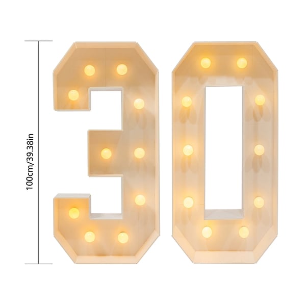 Fødselsdagsdekoration 30 år - LED lystal 30 - 100 cm højde - Til fest & jubilæum - Hvid