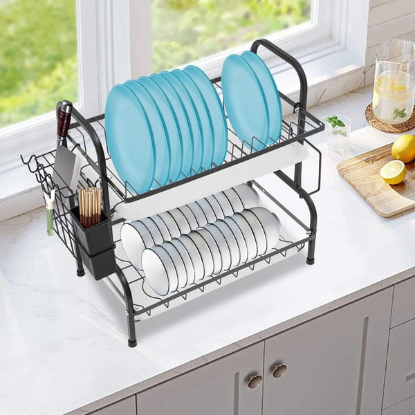 Astioiden kuivausteline - 2‑tasoinen pöytämalli - Hiiliteräs - Valutusalusta - Leikkuulaudan pidike - Enintään 10 kg - 42×23,5×39 cm - Musta
