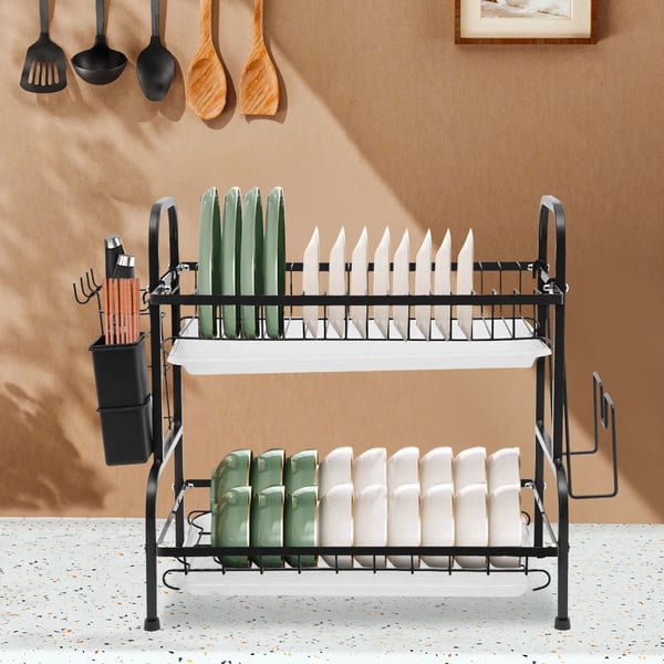 Astioiden kuivausteline - 2‑tasoinen pöytämalli - Hiiliteräs - Valutusalusta - Leikkuulaudan pidike - Enintään 10 kg - 42×23,5×39 cm - Musta