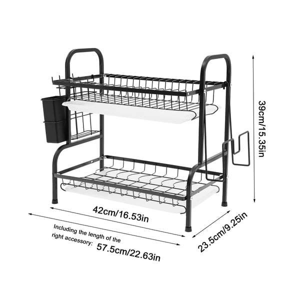 Astioiden kuivausteline - 2‑tasoinen pöytämalli - Hiiliteräs - Valutusalusta - Leikkuulaudan pidike - Enintään 10 kg - 42×23,5×39 cm - Musta