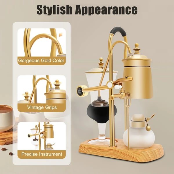 Balance Sifon Kaffebrygger - Vakuum Kaffebrygger - Retro Design - Naturlig Træbase og Lågknop - Luksus Finish - Guld