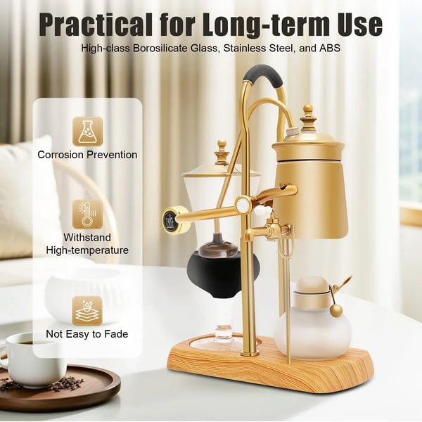 Balance Sifon Kaffebrygger - Vakuum Kaffebrygger - Retro Design - Naturlig Træbase og Lågknop - Luksus Finish - Guld