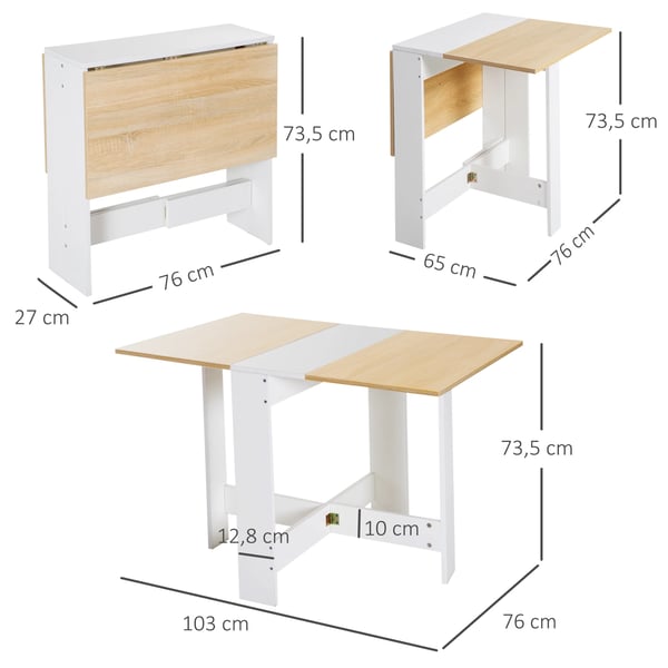 Matbord - Klaffbord - Med Klaffskivor - Rektangulärt - 4 Personer - 103×76×73,5 cm - Platsbesparande - Vit