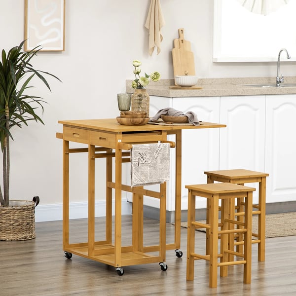 Barbordset - Barbord med 2 pallar - Hopfällbar - Med hjul - Bambu - Med förvaring - 82,5×75,5×83,5 cm - Chokladbrun