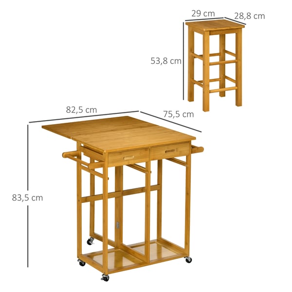 Barbordset - Barbord med 2 pallar - Hopfällbar - Med hjul - Bambu - Med förvaring - 82,5×75,5×83,5 cm - Chokladbrun