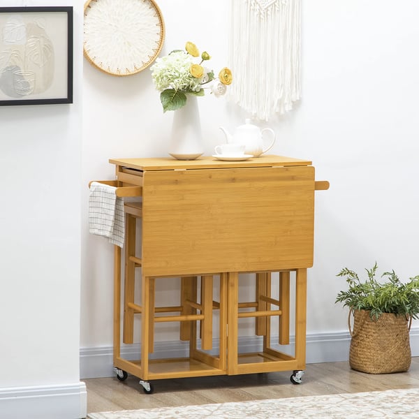 Barbordset - Barbord med 2 pallar - Hopfällbar - Med hjul - Bambu - Med förvaring - 82,5×75,5×83,5 cm - Chokladbrun
