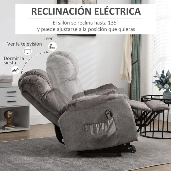 Uppresningsfåtölj - Elektrisk recliner - 135° Lutning - Fjärrkontroll - Fotstöd - 2 Sidofickor - Sammet - 83×91×100 cm - Grå