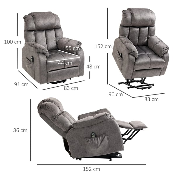 Uppresningsfåtölj - Elektrisk recliner - 135° Lutning - Fjärrkontroll - Fotstöd - 2 Sidofickor - Sammet - 83×91×100 cm - Grå