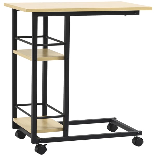 Sidobord på hjul - C-format - 2 hyllor - Trä - Rektangulärt - 60×34,5×64,5 cm - Beige