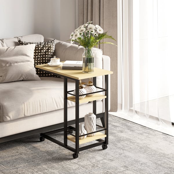 Sidobord på hjul - C-format - 2 hyllor - Trä - Rektangulärt - 60×34,5×64,5 cm - Beige