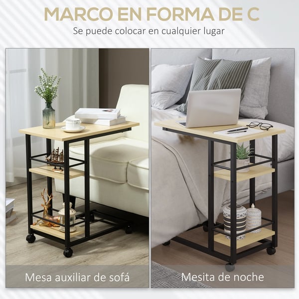 Sidobord på hjul - C-format - 2 hyllor - Trä - Rektangulärt - 60×34,5×64,5 cm - Beige