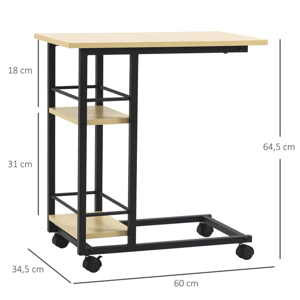 Sidobord på hjul - C-format - 2 hyllor - Trä - Rektangulärt - 60×34,5×64,5 cm - Beige