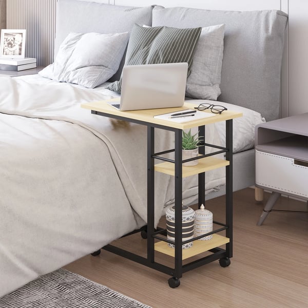 Sidobord på hjul - C-format - 2 hyllor - Trä - Rektangulärt - 60×34,5×64,5 cm - Beige