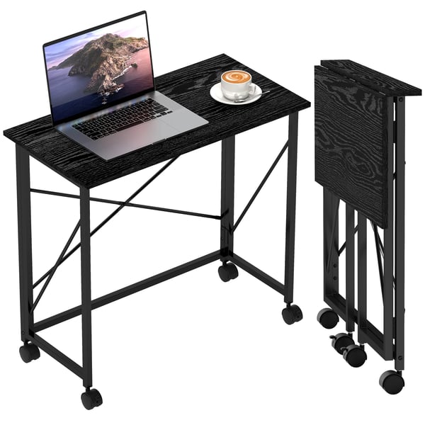 Skrivbord - Hopfällbart datorbord på hjul - 80×40×75 cm - Rektangulärt - Trä - För små utrymmen, hemmakontor - Svart