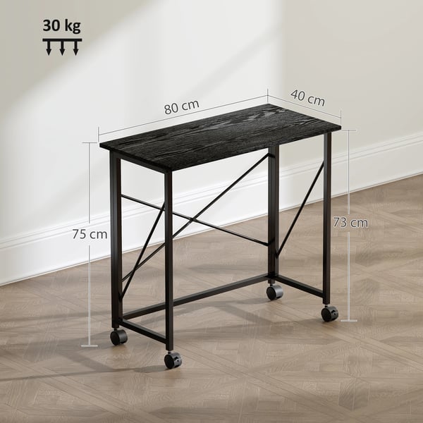Skrivbord - Hopfällbart datorbord på hjul - 80×40×75 cm - Rektangulärt - Trä - För små utrymmen, hemmakontor - Svart