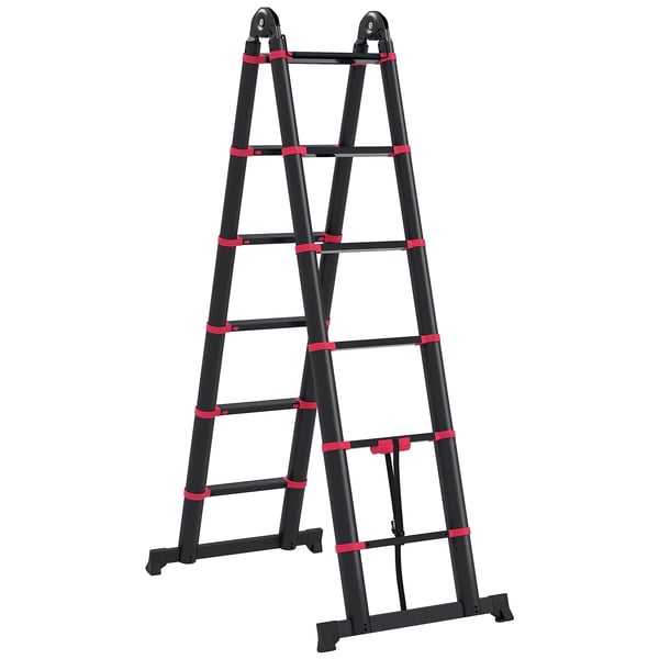 Teleskopstege - Rak enkelstege - Aluminium - Höjd 3,8 m - Maxbelastning 150 kg - Halkfria steg - CE-märkt - Svart/Röd