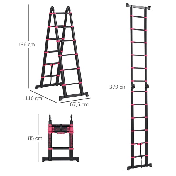 Teleskopstege - Rak enkelstege - Aluminium - Höjd 3,8 m - Maxbelastning 150 kg - Halkfria steg - CE-märkt - Svart/Röd