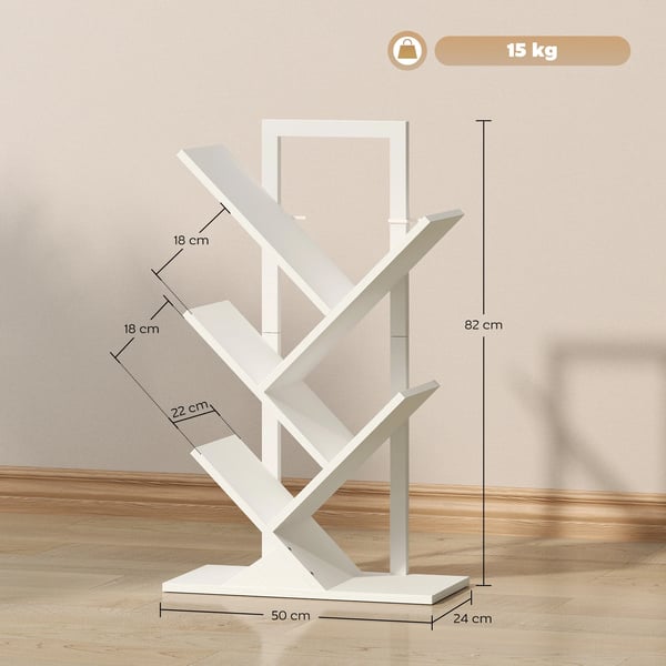 Trädformad hylla - Bokhylla - Tippskydd, 5 hyllplan, 50×24×82 cm, Melamin/Trä, Modern minimalistisk - Vit