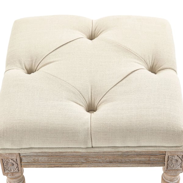 Fotpall ottoman - Vardagsrumspall - 40x40x43 cm - Kapitonsydd sits - Snidade träben - Fransk vintage stil - Tygklädsel - Beige