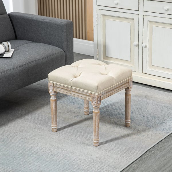 Fotpall ottoman - Vardagsrumspall - 40x40x43 cm - Kapitonsydd sits - Snidade träben - Fransk vintage stil - Tygklädsel - Beige