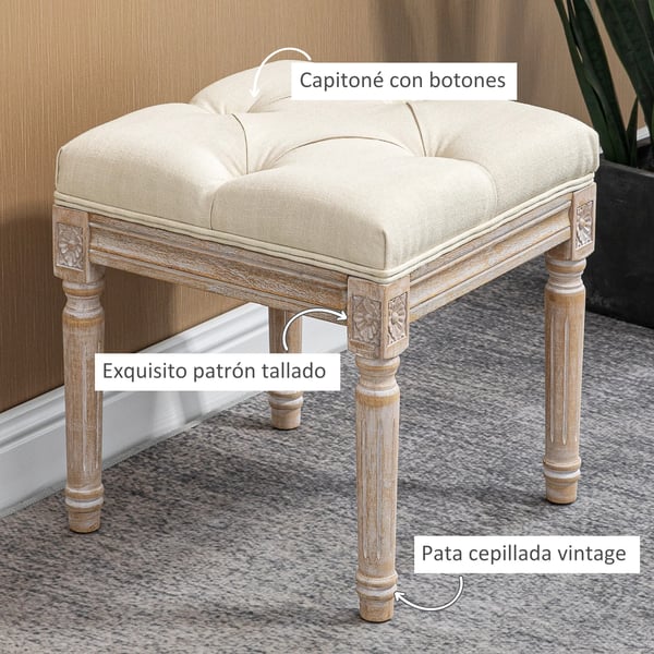 Fotpall ottoman - Vardagsrumspall - 40x40x43 cm - Kapitonsydd sits - Snidade träben - Fransk vintage stil - Tygklädsel - Beige