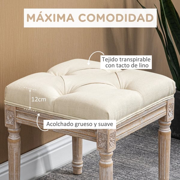 Fotpall ottoman - Vardagsrumspall - 40x40x43 cm - Kapitonsydd sits - Snidade träben - Fransk vintage stil - Tygklädsel - Beige