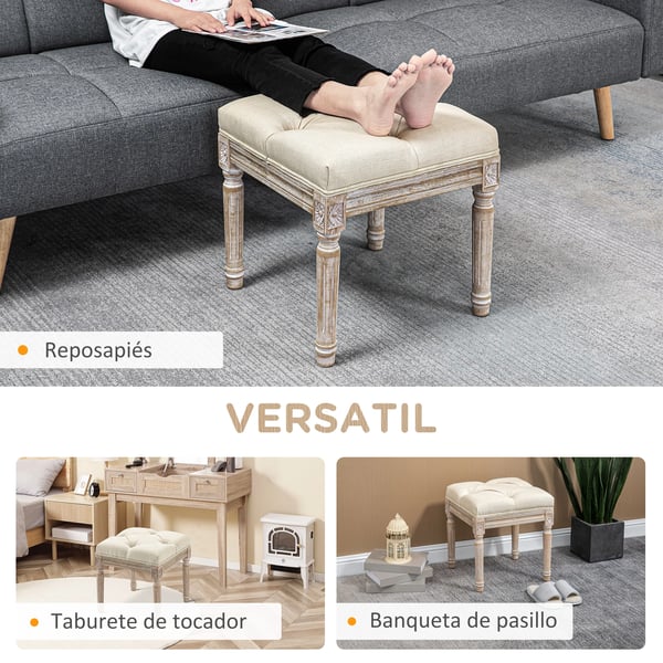 Fotpall ottoman - Vardagsrumspall - 40x40x43 cm - Kapitonsydd sits - Snidade träben - Fransk vintage stil - Tygklädsel - Beige