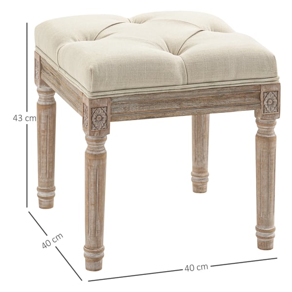 Fotpall ottoman - Vardagsrumspall - 40x40x43 cm - Kapitonsydd sits - Snidade träben - Fransk vintage stil - Tygklädsel - Beige