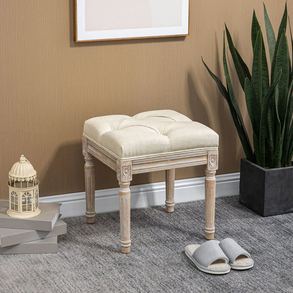 Fotpall ottoman - Vardagsrumspall - 40x40x43 cm - Kapitonsydd sits - Snidade träben - Fransk vintage stil - Tygklädsel - Beige