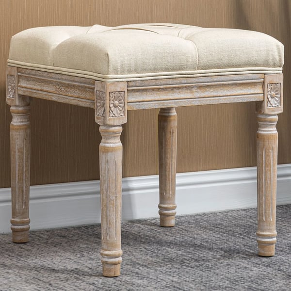 Fotpall ottoman - Vardagsrumspall - 40x40x43 cm - Kapitonsydd sits - Snidade träben - Fransk vintage stil - Tygklädsel - Beige