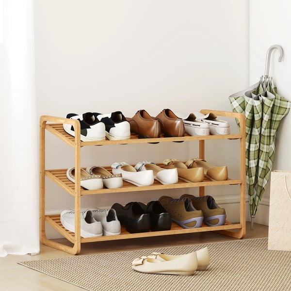 Skohylla i bambu - 3 våningar - För 12 par - Ribbad design - Monteras - 76 x 33 x 50,8 cm - Natur