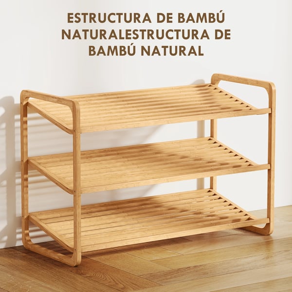 Skohylla i bambu - 3 våningar - För 12 par - Ribbad design - Monteras - 76 x 33 x 50,8 cm - Natur