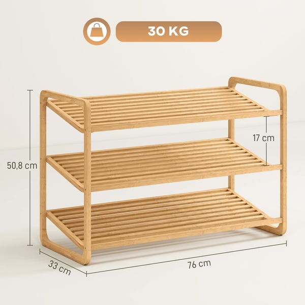 Skohylla i bambu - 3 våningar - För 12 par - Ribbad design - Monteras - 76 x 33 x 50,8 cm - Natur