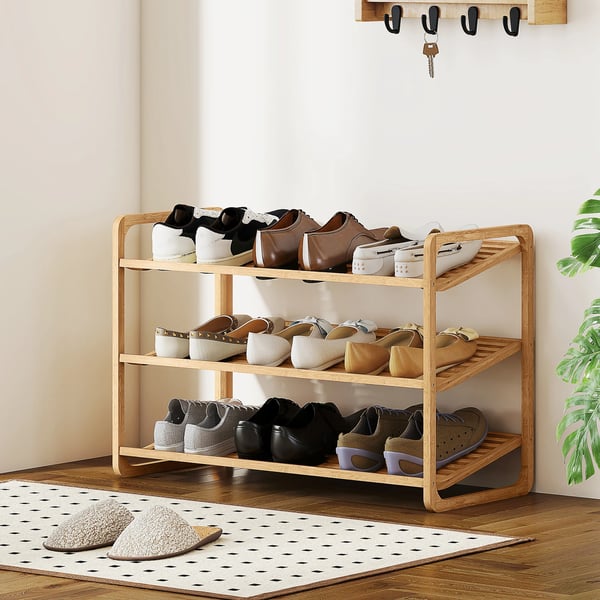 Skohylla i bambu - 3 våningar - För 12 par - Ribbad design - Monteras - 76 x 33 x 50,8 cm - Natur