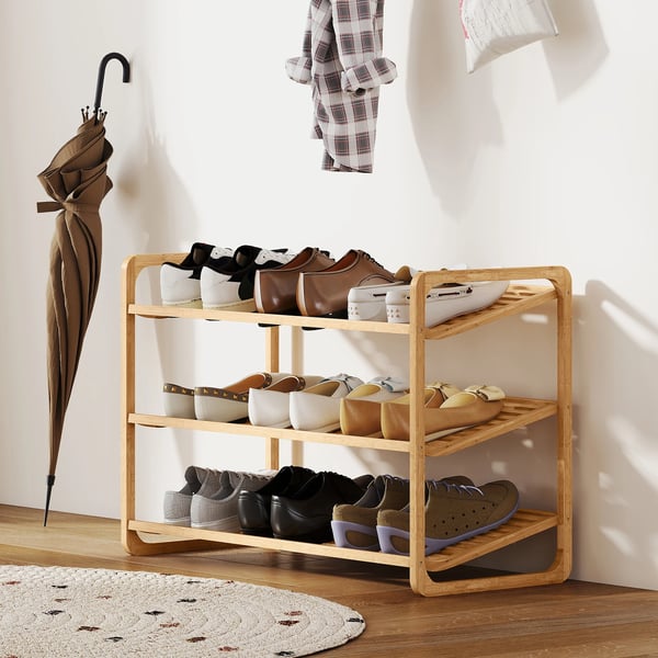 Skohylla i bambu - 3 våningar - För 12 par - Ribbad design - Monteras - 76 x 33 x 50,8 cm - Natur