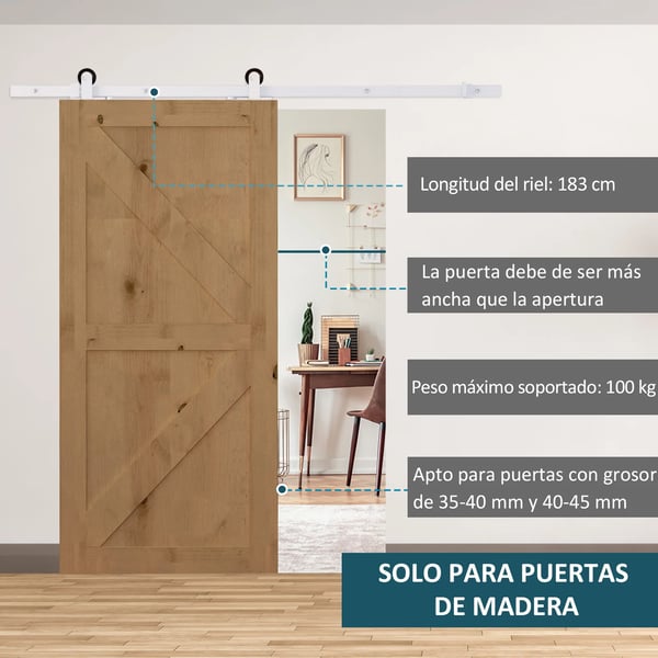 Skjutdörrsbeslag - Skensystem - 183 cm Skena - Stål - Golvguide Ingår - För Innerdörr i Massivt Trä - Vit