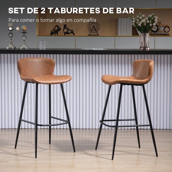 Set med 2 barstolar - Barstol med ryggstöd - PU-konstläder - Retro stil - Max 120 kg - Fast höjd, ej snurr - Mått 45×49×94,6 cm - Chokladbrun